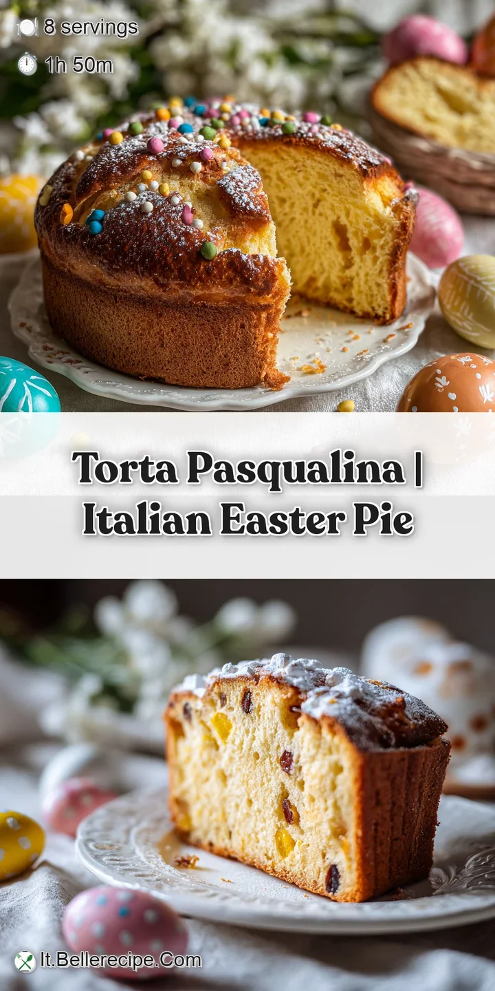 Close-up showcases the Torta Pasqualina's layers: flaky pastry, creamy ricotta, and vibrant green Swiss chard filling, ste...
