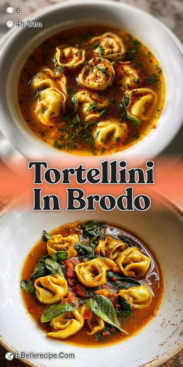 Close-up reveals delicate, hand-formed tortellini glistening in savory broth, hints of meat filling visible through the th...