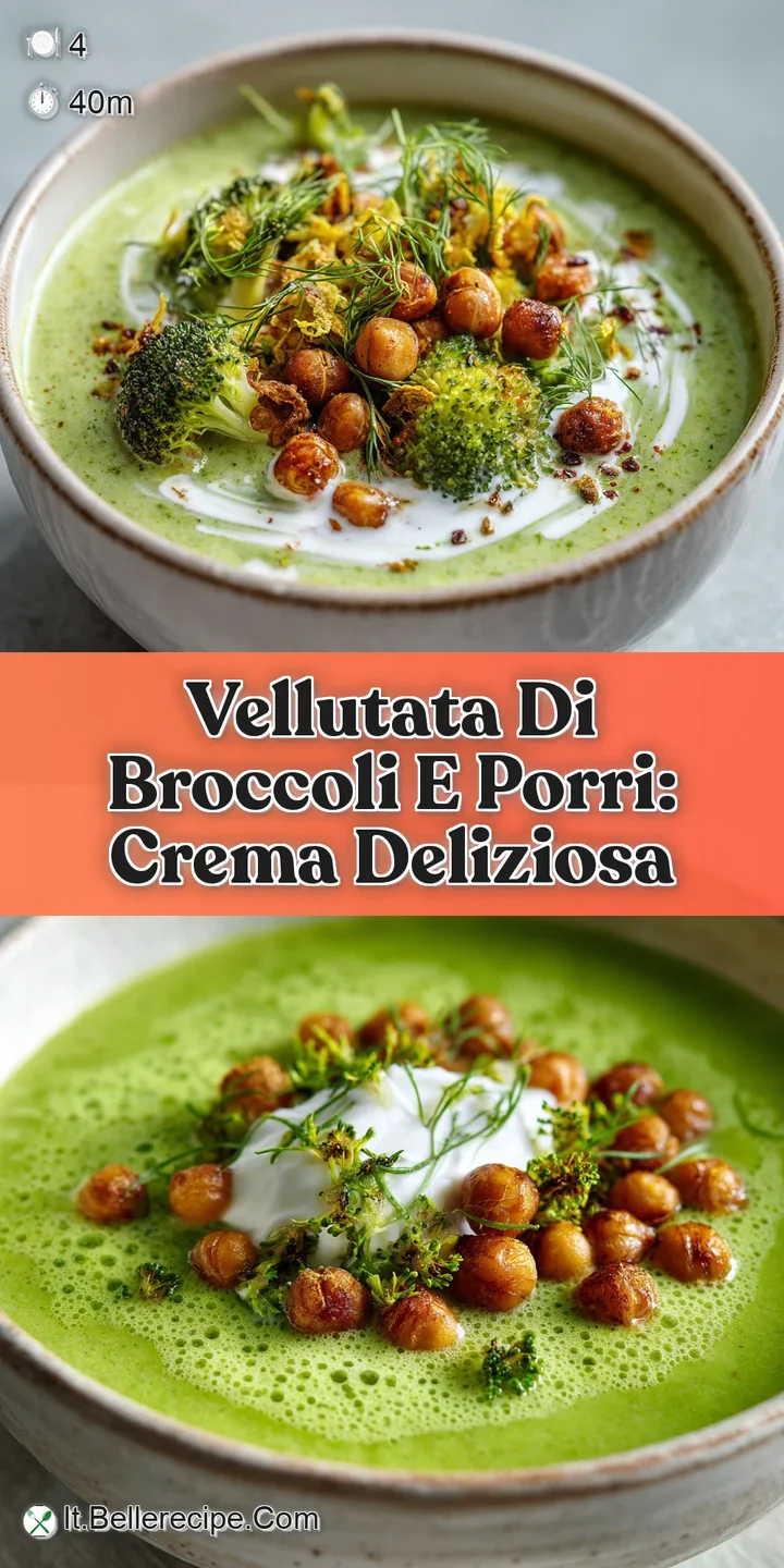 Close-up of creamy broccoli and leek soup, showing smooth texture and vibrant green color. Glistening droplets of oil, inv...