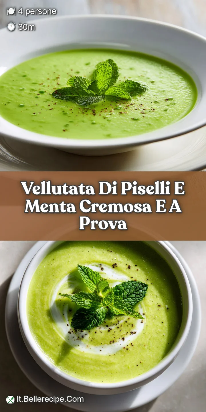 Close-up of velvety smooth pea soup, bright green with flecks of fresh mint. Visible steam suggests a comforting and warm ...