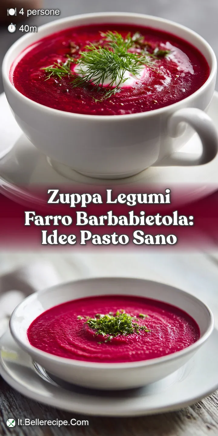 Close-up of hearty farro and legume soup, with tender beets. The steaming broth and colorful vegetables create an appetizi...