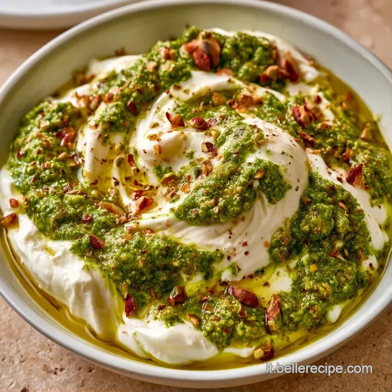 Burrata morbida adagiata su un letto di pesto verde intenso, decorata con foglie di basilico fresco e grani di sale.