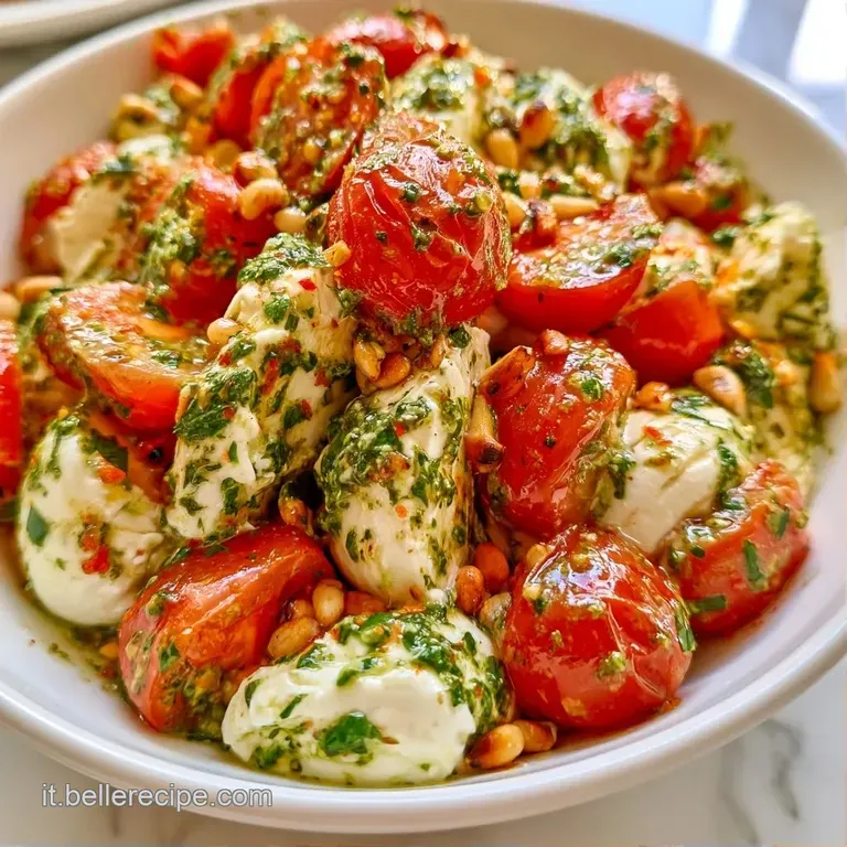 Mozzarella fresca a cubetti disposta con cura su un piatto bianco, guarnita da gocce di pesto denso e pepe nero macinato.