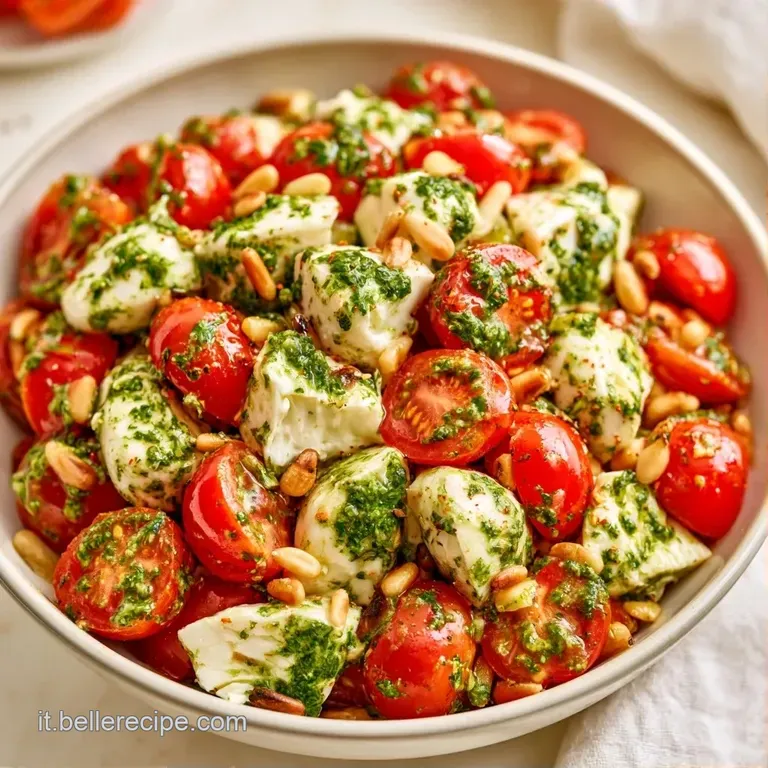 Mozzarella fresca a cubetti adagiata su vellutato pesto verde, con un filo d'olio lucido e un pizzico di pepe nero.