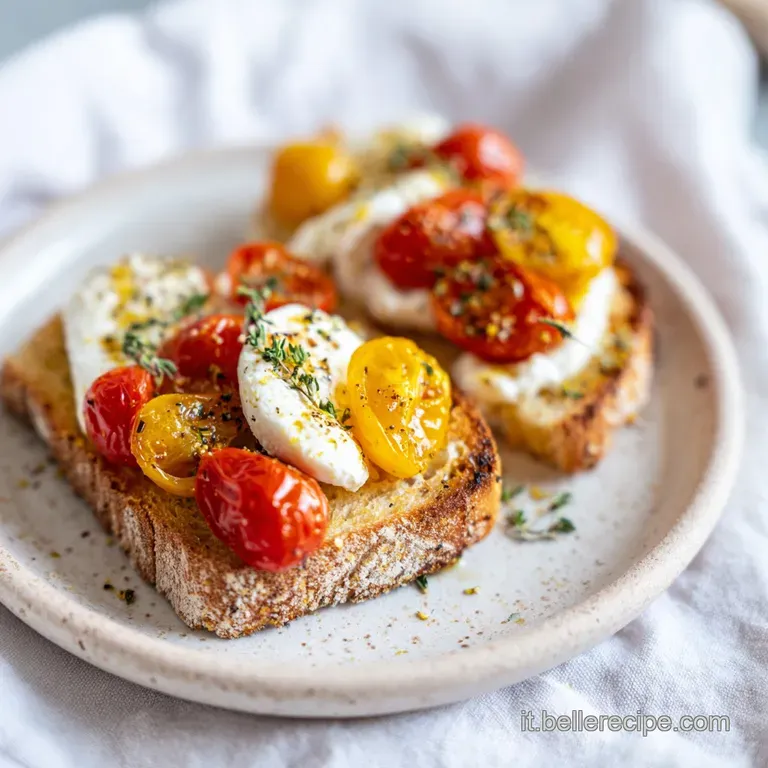Composizione ordinata di crostini croccanti su piatto bianco, decorati con crema bianca, pomodori e erbe aromatiche.