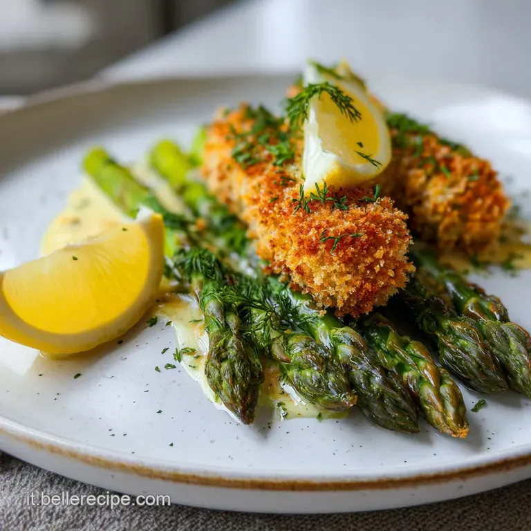 Elegant white plate showcasing a nest of tender asparagus, topped with a creamy egg and a drizzle of clarified butter.