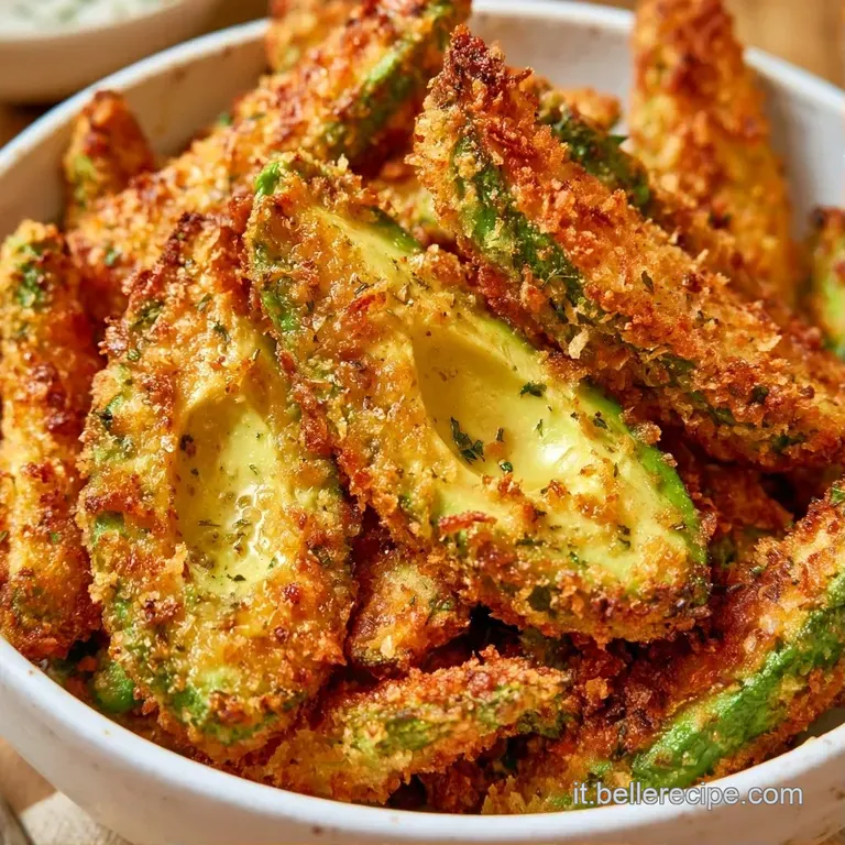 Fettine di avocado fritte croccanti disposte a raggiera su piatto bianco, guarnite con gocce di salsa e foglie verdi.