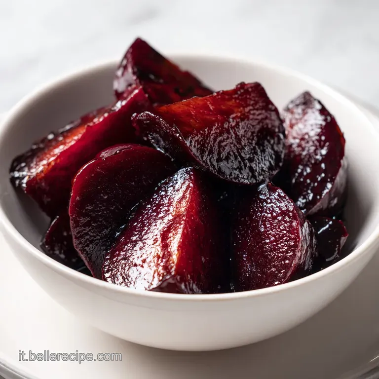 Disposizione curata di fette di barbabietola rosso rubino, glassate e lucide, guarnite con erbe verdi e chicchi bianchi.
