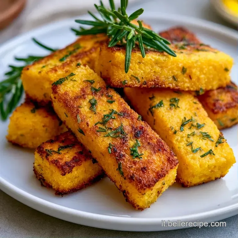 Elegante composizione di bastoncini di mais croccanti e dorati, serviti con una salsa bianca e foglioline di timo.