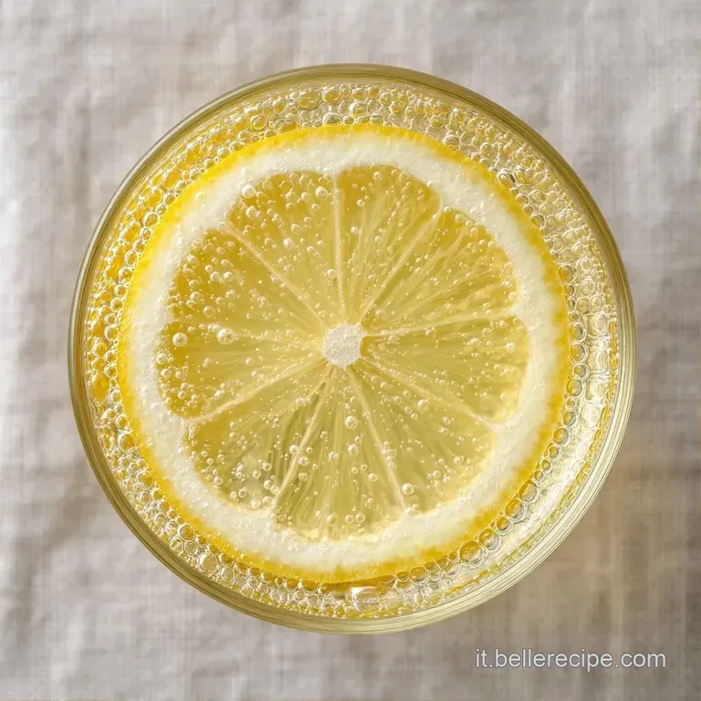 Bicchiere di cristallo trasparente con bevanda frizzante gialla, goccioline di condensa e una fetta di limone sul bordo.