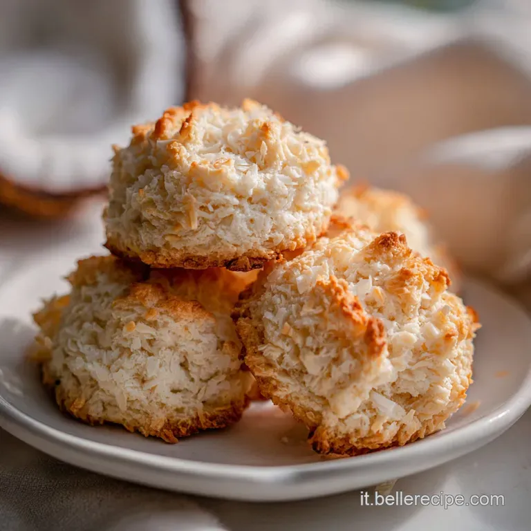 Neatly stacked coconut biscotti on a rustic plate, showcasing their delicate, slightly cracked surfaces and inviting golde...