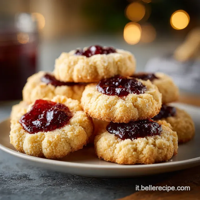 Crisp, golden butter cookies stacked elegantly, drizzled with jam, on a white ceramic plate.