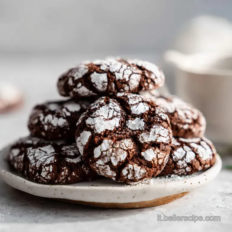 A single chocolate crinkle cookie on a plate, showing a soft, slightly gooey center and crisp, sugary edges.