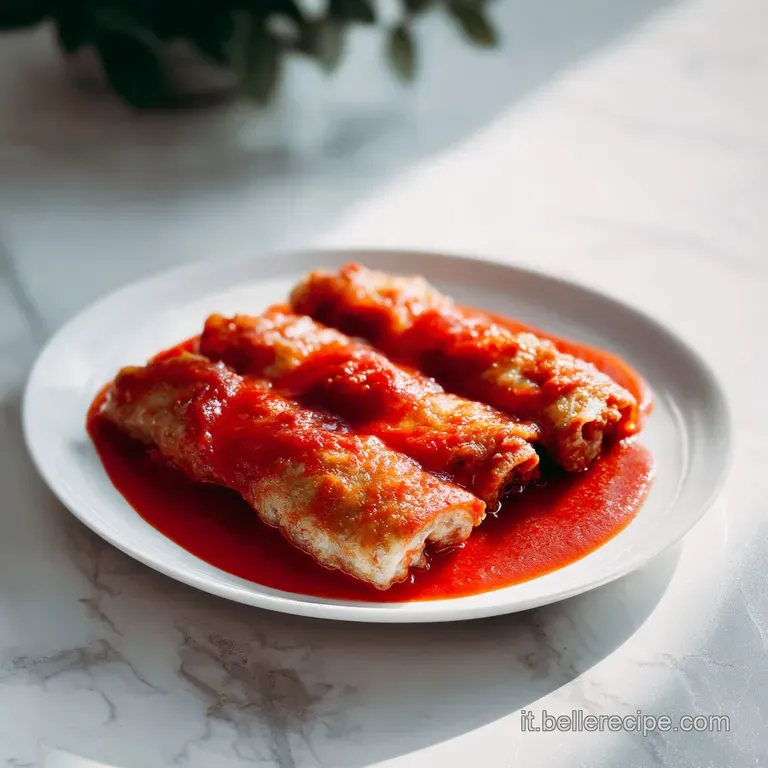 Two plump meat rolls bathed in vibrant tomato sauce, artfully arranged on a white plate. Aromatic basil garnish adds fresh...