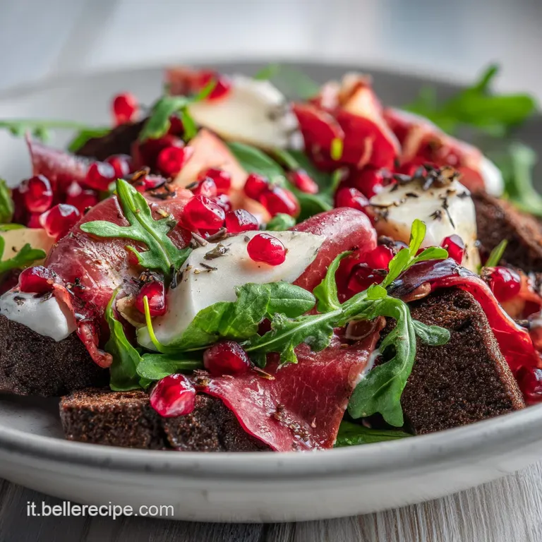 Elegant plate of bresaola salad; ruby pomegranate seeds glisten against the deep red cured beef, atop peppery green arugula.