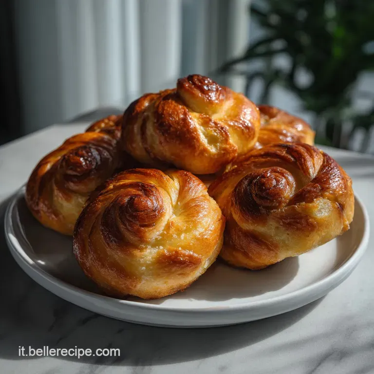 Elegant swirl of freshly baked brioche on a white plate. The dough is tender and yields a beautiful pull-apart texture.