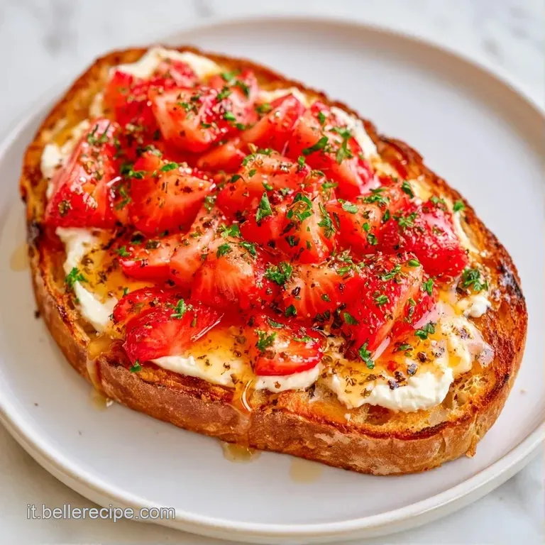 Piatto bianco con toast croccanti, contrasto tra il bianco del formaggio cremoso e il rosso vivo delle fragole fresche.