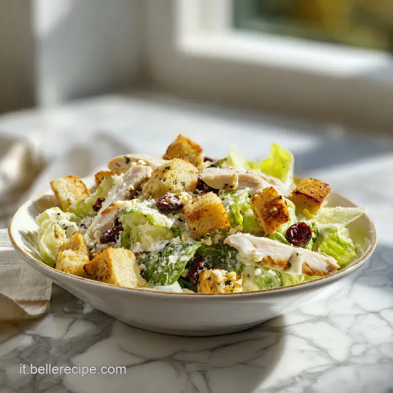 A vibrant Caesar salad in a white bowl, showcasing fresh greens, tender chicken, and crunchy toasted bread pieces.