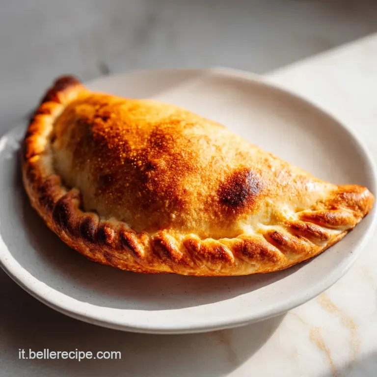 A glistening, deep-fried calzone, bursting with filling, sits on a white plate, inviting warmth & cheesy goodness.