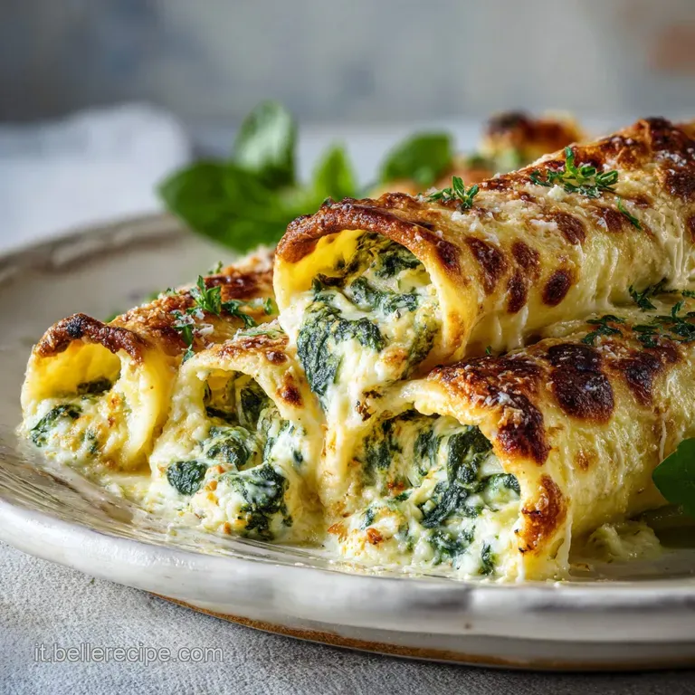 Elegant plate featuring two cannelloni, bathed in creamy sauce, with a vibrant green spinach garnish, hinting at a savory ...