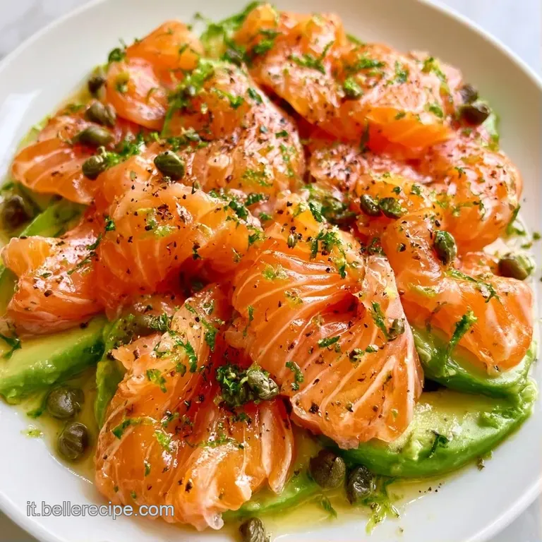 Elegante composizione di pesce rosato e avocado verde, rifinita con gocce di olio dorato e piccoli germogli verdi.