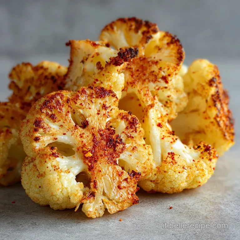 Porzione di cavolfiore arrosto su piatto bianco, con contrasto tra il bianco crema e i bordi caramellati marrone oro.