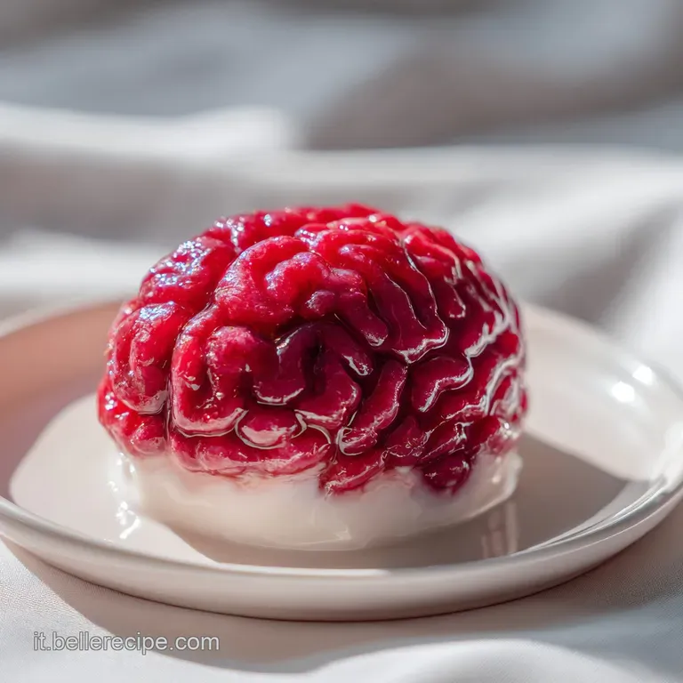 A slice of brain-shaped gelatin dessert on a plate, glistening wetly, garnished with dark red 'blood' syrup. Creepy yet in...