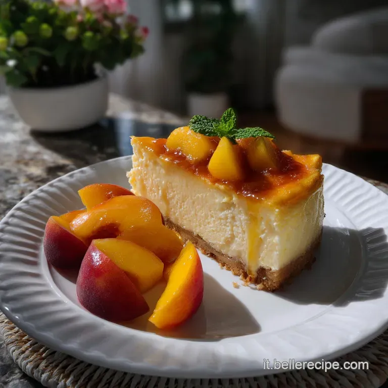 Elegant slice of cheesecake with vibrant peach garnish on a pristine white plate. A delightful dessert, perfect for any oc...