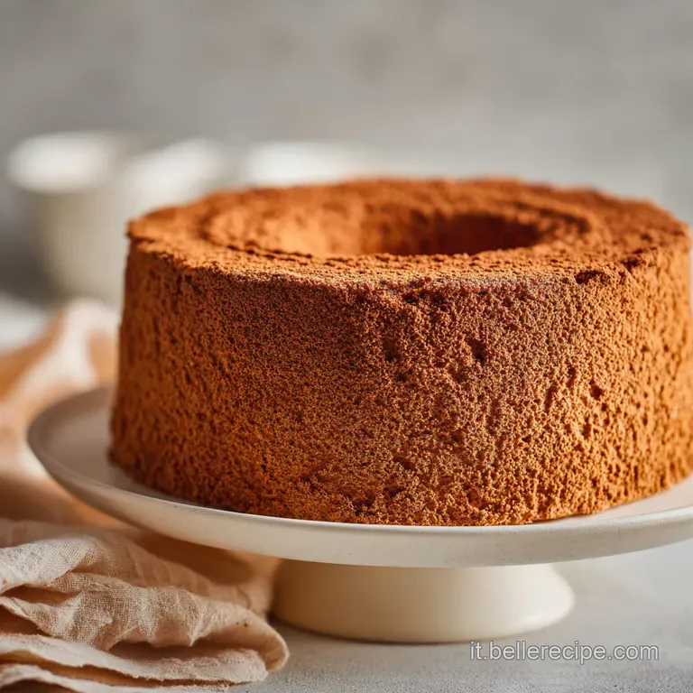 Slice of dark chocolate chiffon cake presented on a small plate, dusted with cocoa powder and adorned with a sprig of mint.