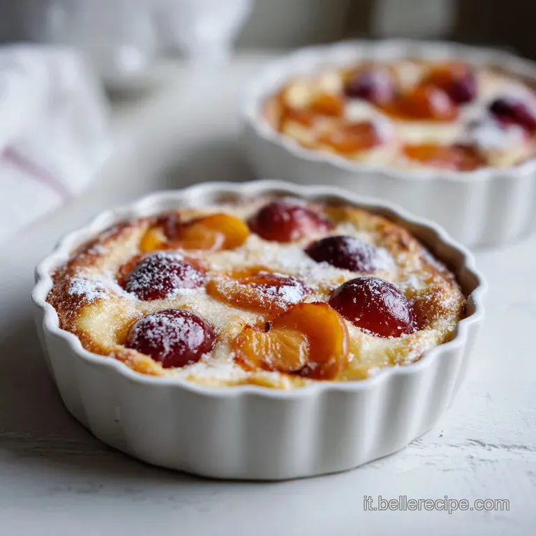 Slice of warm clafoutis on a white plate. The baked custard is soft, speckled with juicy cherries and apricots, glistening...