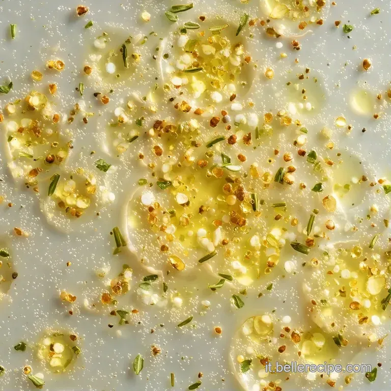 Composizione elegante di pasta colorata, gocce di olio dorato e erbe aromatiche su un raffinato piatto di ceramica.