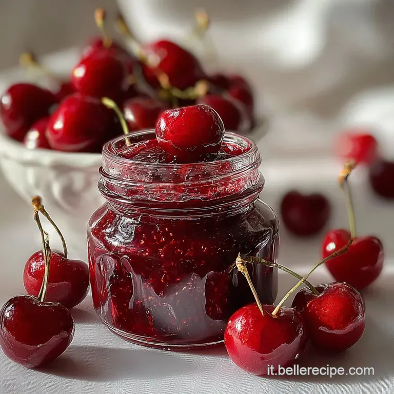 Small glass bowl filled with ruby-red cherry jam, a spoonful lifted to show its thick, glossy texture; white linen napkin.