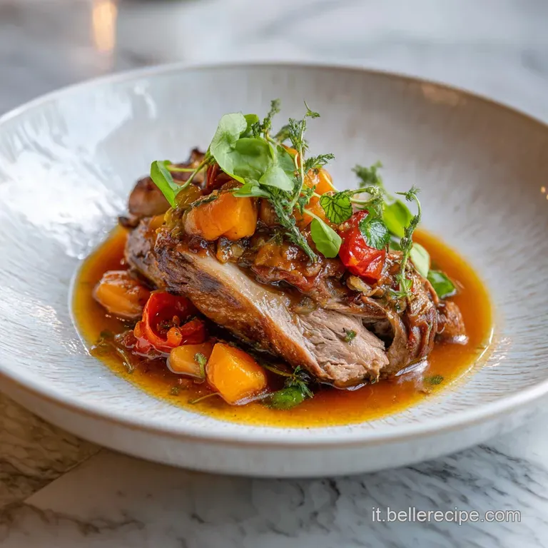 Elegant plate of rabbit stew; browned rabbit pieces nestled amongst glistening olives and herbs, with a drizzle of flavorf...