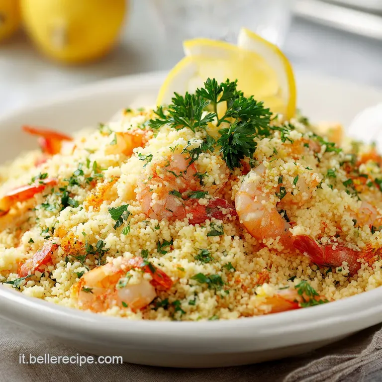 Elegant plate of couscous, showcasing plump shrimp and mussels amidst a bed of fluffy, flavorful grains.