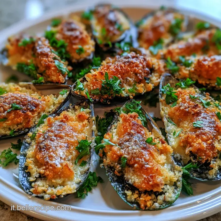 Composizione raffinata di molluschi gratinati disposti su un piatto ceramica, contrasto tra nero lucido e oro croccante.