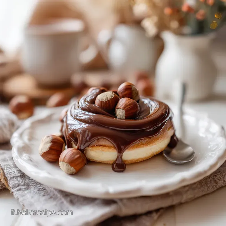 Elegant dessert glass filled with light brown hazelnut cream, topped with chopped nuts and a dusting of cocoa, ready to be...