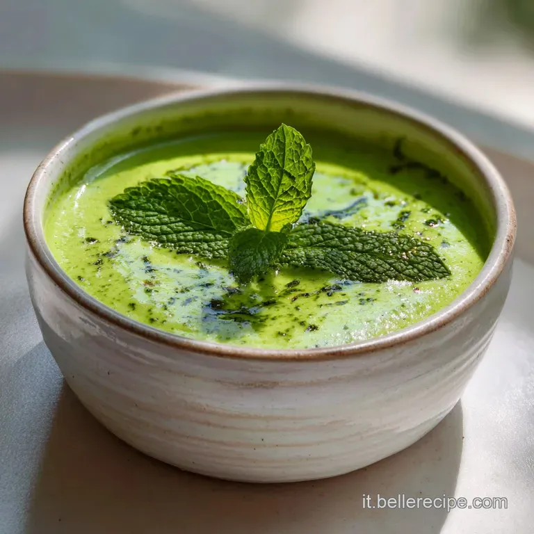 Elegant bowl of bright green zucchini cream soup, artfully garnished with mint sprigs and a swirl of heavy cream.