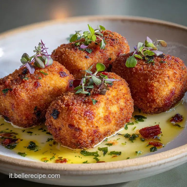 Creamy, golden croquettes elegantly plated with a vibrant paprika aioli and fresh sprig of rosemary, appetizing Spanish ta...
