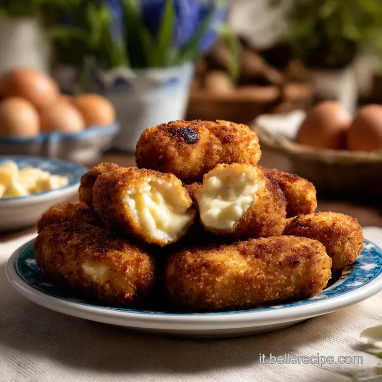 Crispy baked milk croquettes, lightly browned, elegantly stacked on a white plate, dusted with powdered sugar. Ready to eat!
