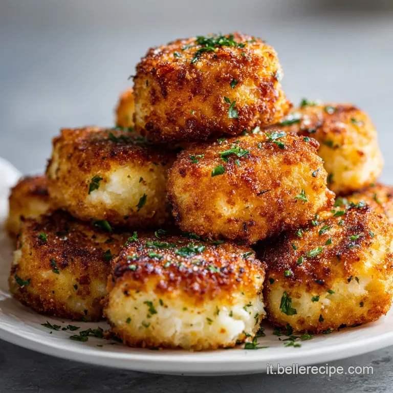 Tower of crispy potato croquettes, sprinkled with herbs, elegantly arranged on a white plate. A tempting appetizer.