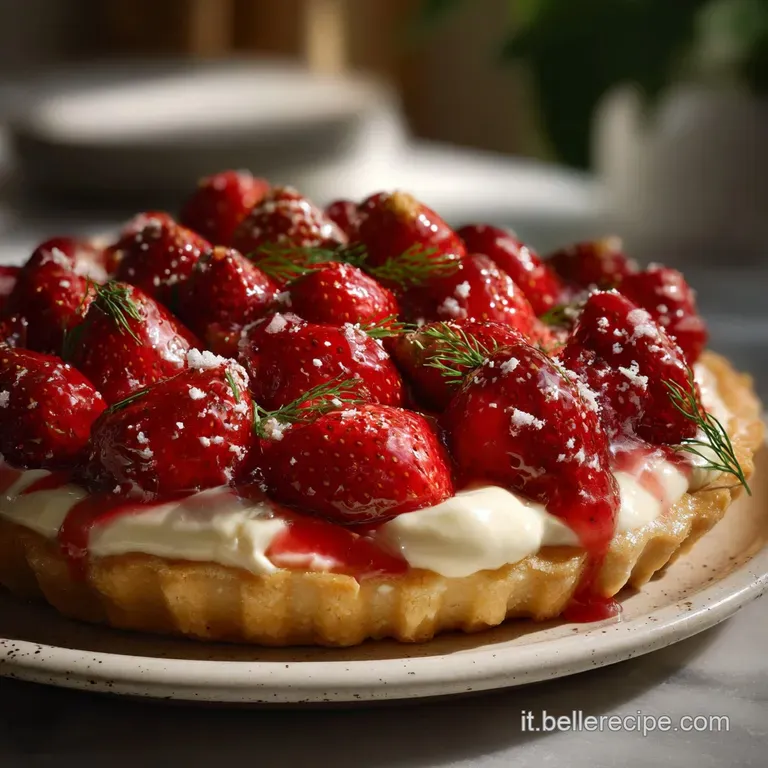 Elegant slice of crostata on a white plate, showcasing the juicy strawberry filling and the beautifully browned crust, rea...