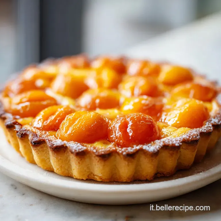 Slice of warm apricot crostata on a white plate, revealing juicy fruit and a perfectly golden, buttery pastry crust.