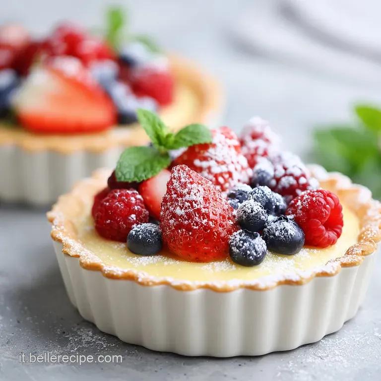 A single slice of tart on a white plate, showcasing its flaky pastry, ruby-red fruit filling, and delicate powdered sugar.