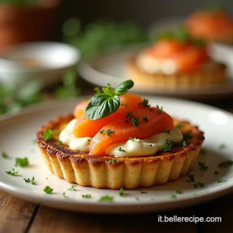 Crostatina Moderna Salata Base Croccante Con Crema Di Mascarpone Aneto E Salmone Selvaggio presentation
