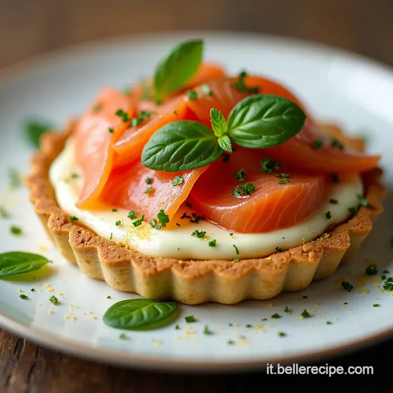 Crostatina Moderna Salata Base Croccante con Crema di Mascarpone Aneto e Salmone Selvaggio