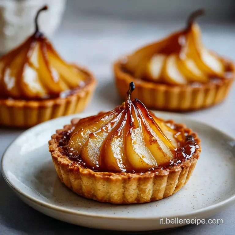 Elegant crostatine salate plated on white china, the caramelized pears and crumbled cheese creating an inviting contrast o...