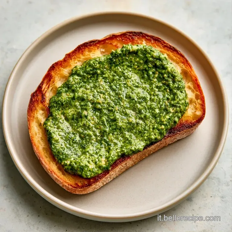 Composizione raffinata di crostini tostati con crema verde brillante, disposti con cura e un leggero filo d'olio.