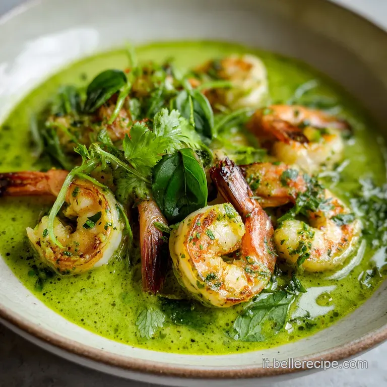 A single, artfully arranged bowl showcasing juicy shrimp nestled in emerald curry, garnished with herbs and a lime wedge. ...
