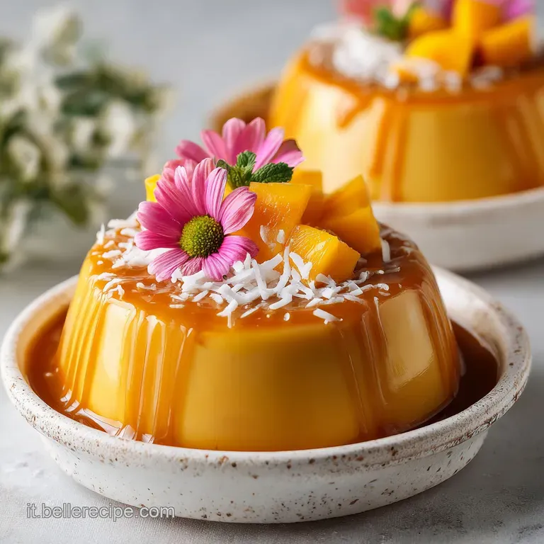 Silky coconut dessert dotted with bright orange mango, elegantly layered in a stemmed glass. Fresh, tropical, inviting treat.