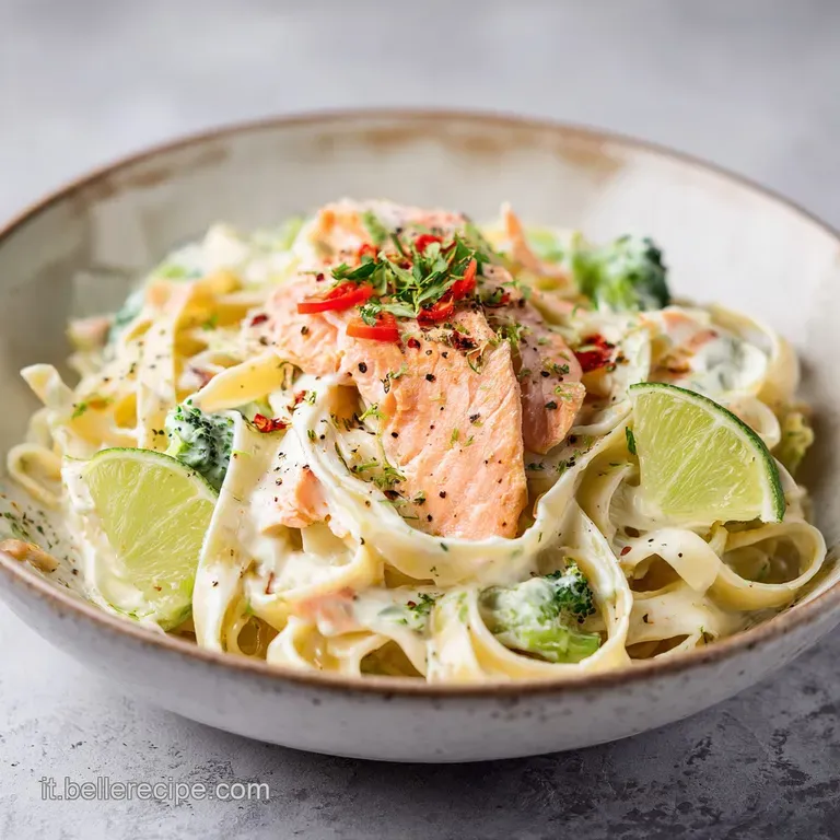 A swirl of creamy fettuccine topped with flaky salmon pieces and a zest of lime, artfully plated.